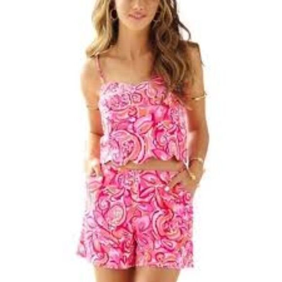 Lilly Pulitzer Ivy Crop Top & Short Set Mango Salsa Pink Orange Rare Size 0 - Picture 1 of 7